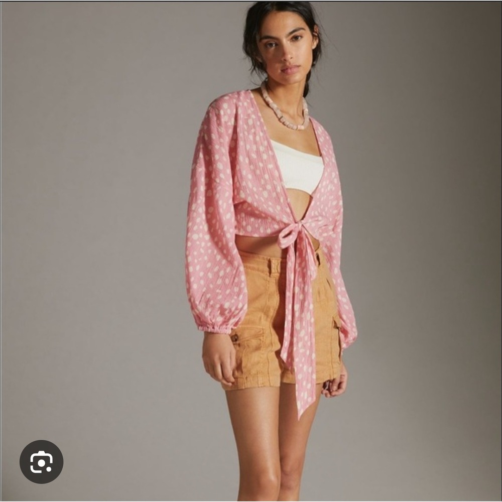 Anthropologie Polka Dot Pink Kimono Crop Tie Top OS Cotton Balloon Sleeve Pastel